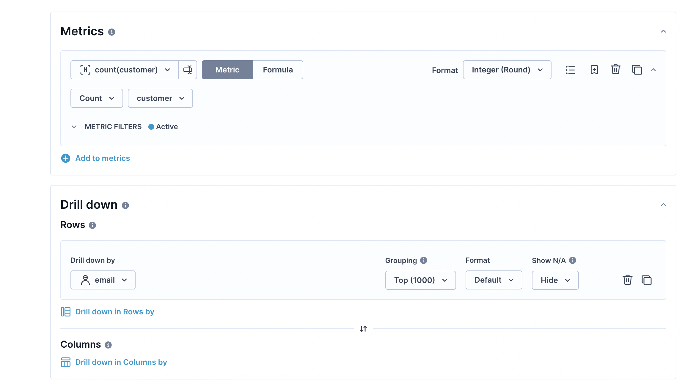 Count customer metric and Drill down by email