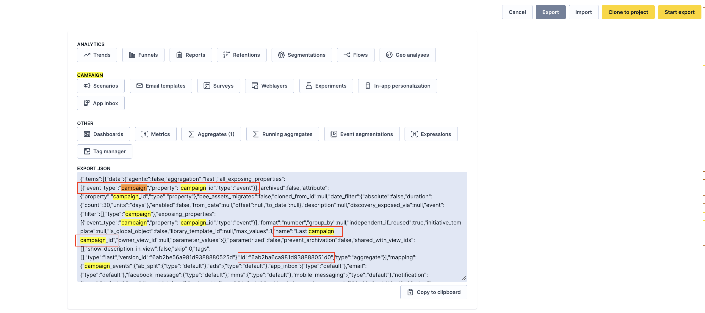 Searching for aggregate name in the export definition window